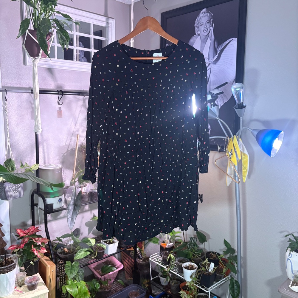 HATCH The Nines Black Floral Print Long Sleeve Babydoll Dress XS‎